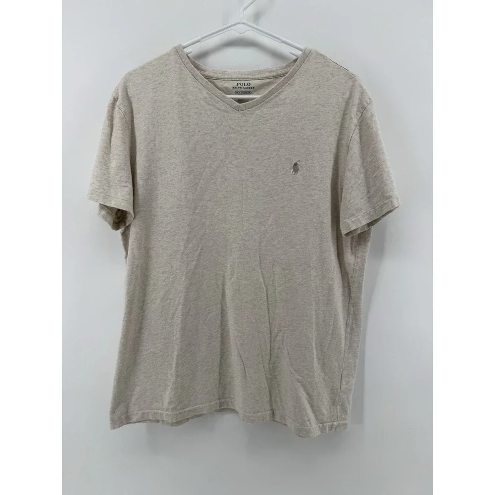 Polo Ralph Lauren Shirt Men M Beige V Neck Short Sleeve Preppy Pony Logo‎